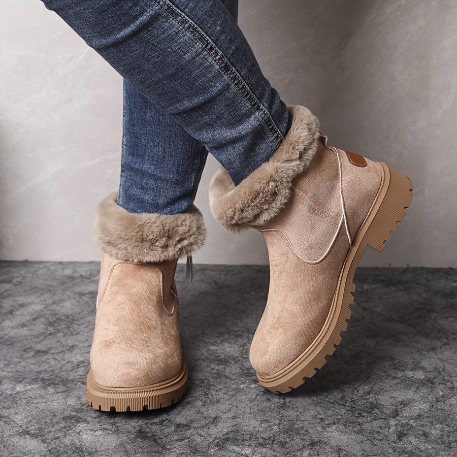 Bottines d’hiver femme beige, col en fausse fourrure et zip, semelle crantée.