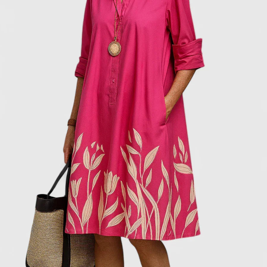 Robe midi rose, col chemise, imprimé feuilles blanches, manches 3/4