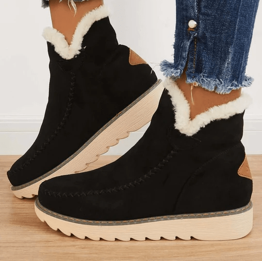 Bottes d’hiver noires doublées de fausse fourrure, semelle crantée