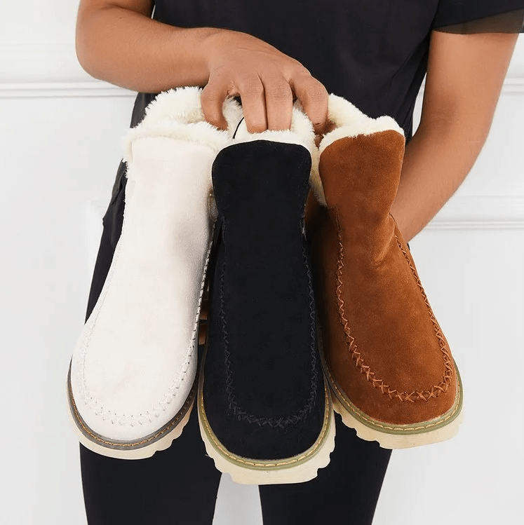 Bottes d’hiver blanches, noires et marron, doublées de fausse fourrure