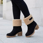 Bottes daim noir fourrées sherpa, revers en fausse peau beige, talon bottier