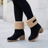 Bottes daim noir fourrées sherpa, revers en fausse peau beige, talon bottier