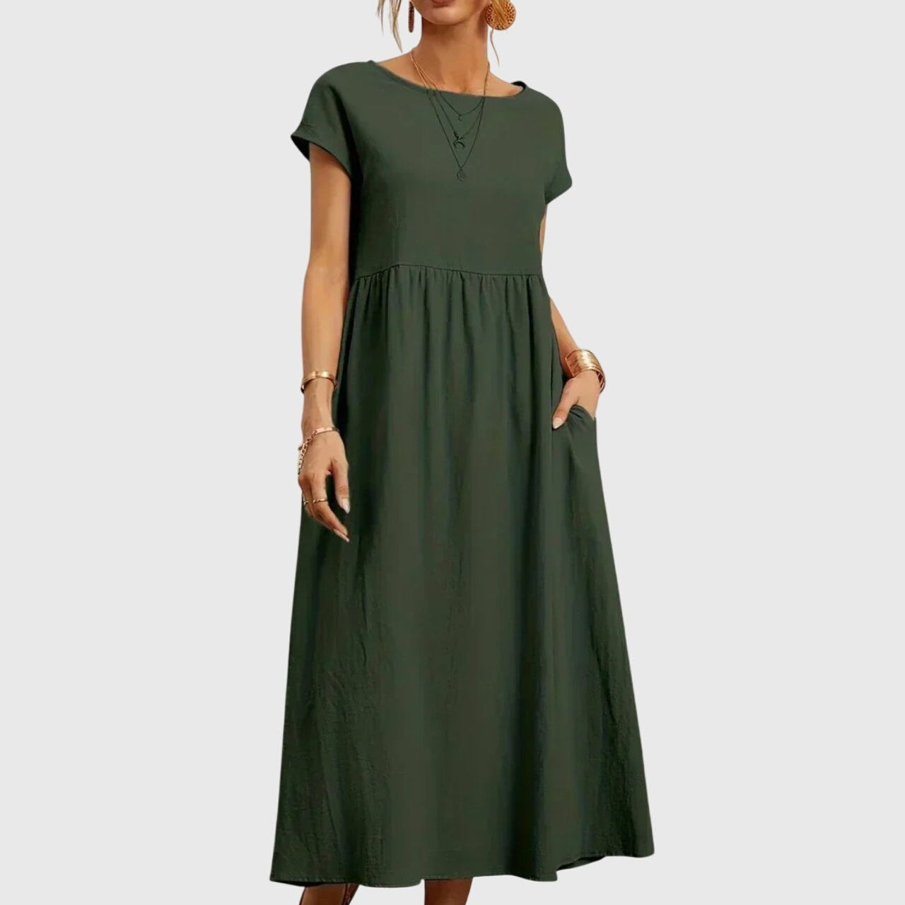 Robe ample décontractée à manches courtes, encolure ronde, taille froncée, vert foncé