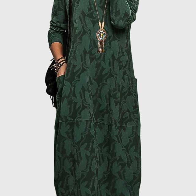 Robe décontractée col rond vert foncé, motif feuillage, manches longues.