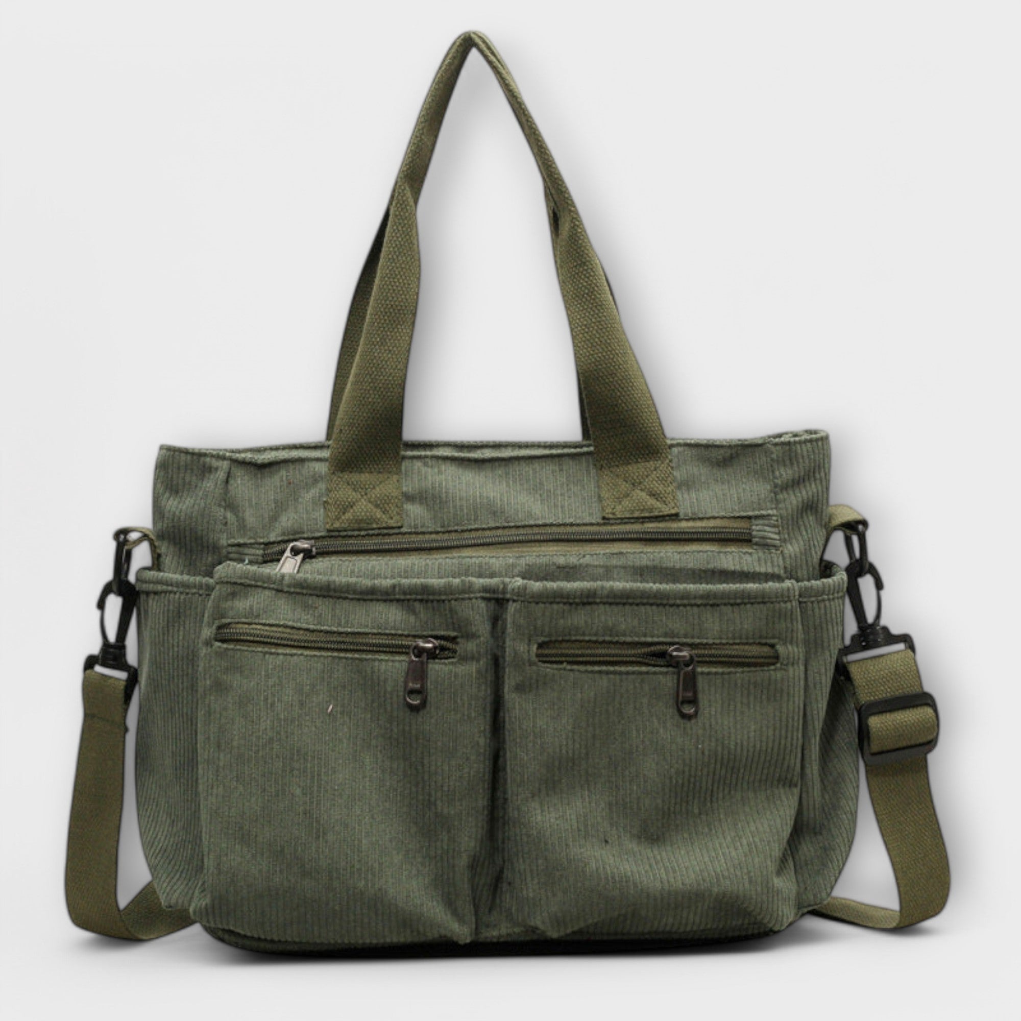 Sac cabas Aveline vert en toile, double poches zippées et bandoulière réglable.