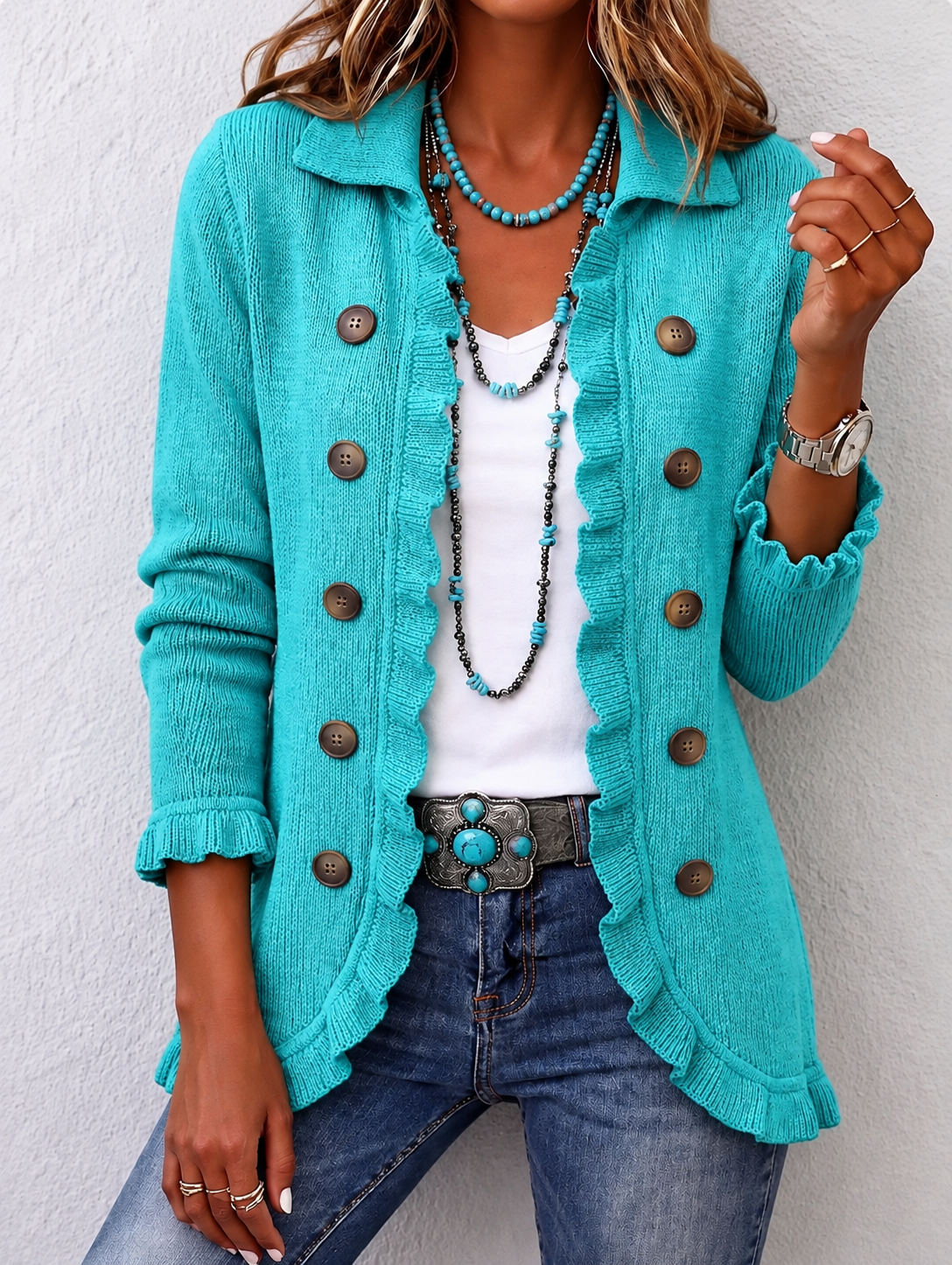Veste en maille côtelée turquoise à volants et boutonnage avec boutons décoratifs
