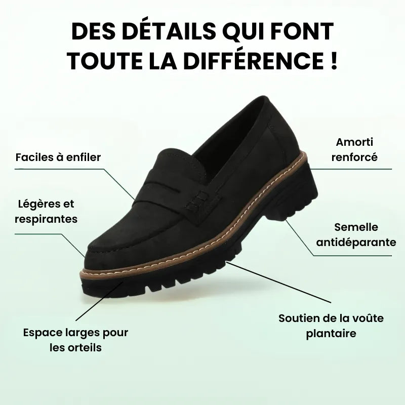 Mocassin noir à semelle crantée, coutures et bride visibles