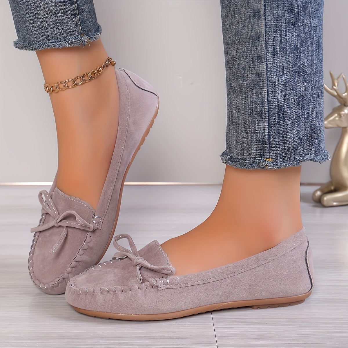 Mocassins Flavie gris clair à nœud, semelle plate et bout arrondi