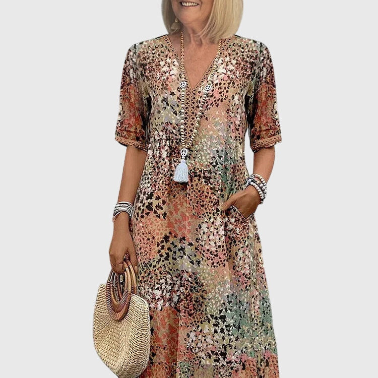 Robe midi florale à encolure V, manches courtes, multicolore beige, gland décoratif.