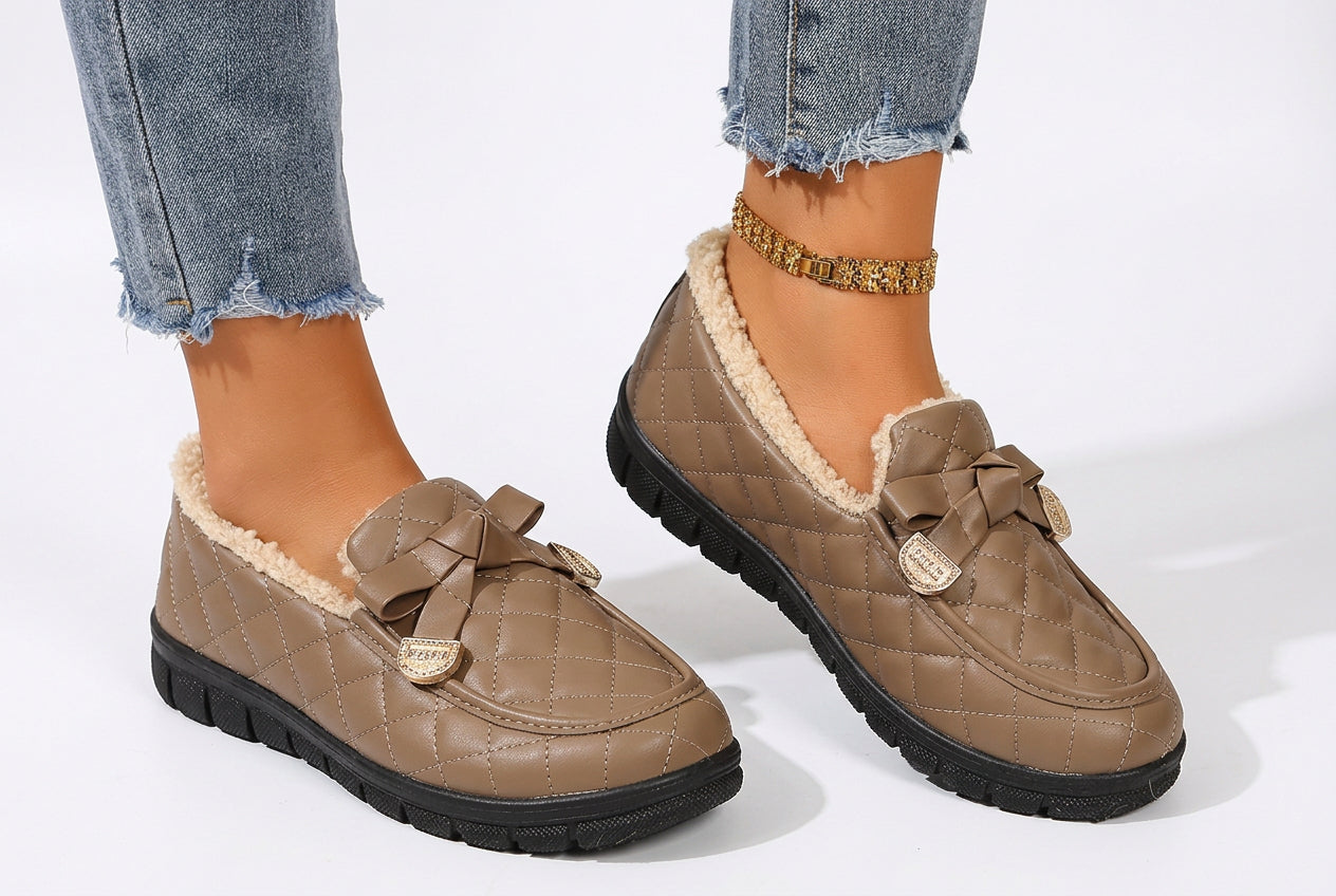Chaussures confort Pauline à lacets, beige matelassé, bride à nœud, semelle crantée