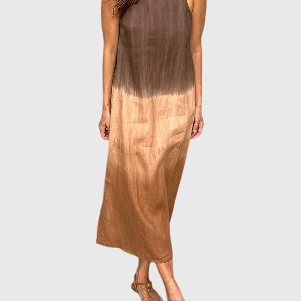Robe sans manches imprimée dégradé marron et beige, encolure ronde, coupe ample