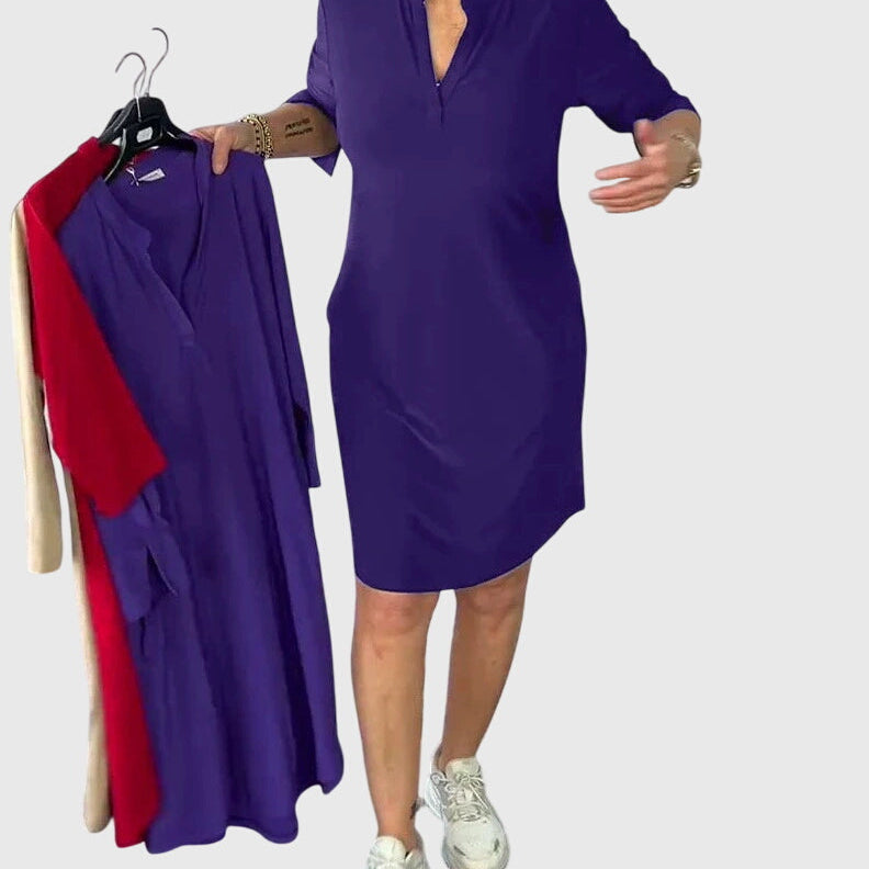 Robe unie violette à encolure V, manches trois-quarts, coupe droite