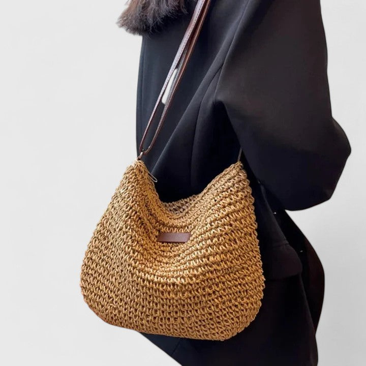 Sac hobo tressé beige, anse et bandoulière cuir marron