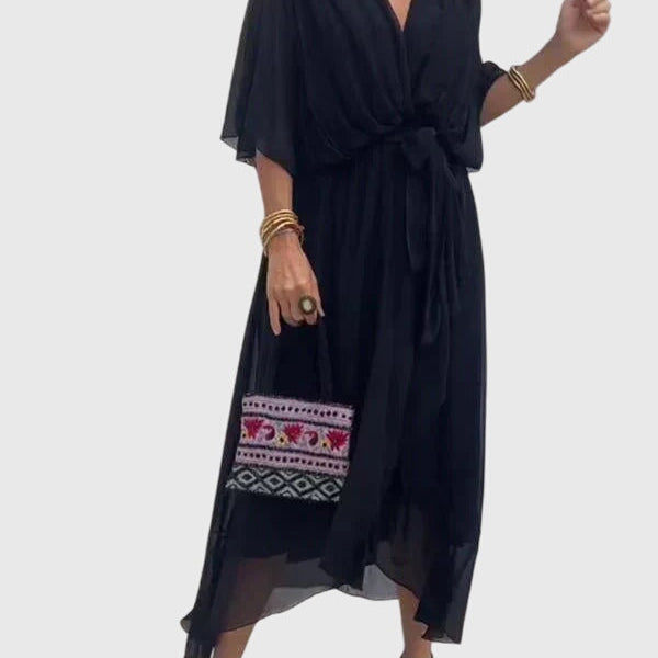 Robe longue noire à encolure V, manches chauve-souris et ceinture à nouer