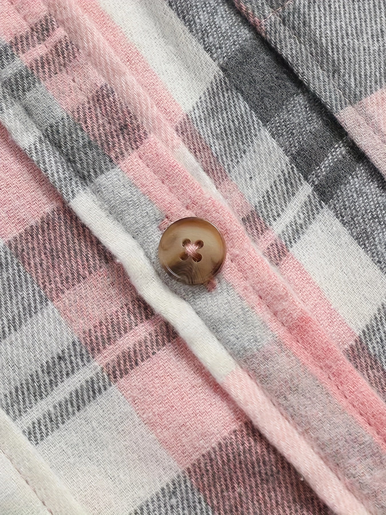 Chemise à carreaux rose et gris, gros plan sur bouton et couture du col.