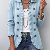 Veste en maille côtelée bleu poudré Perrine à volants, boutonnée, manches longues