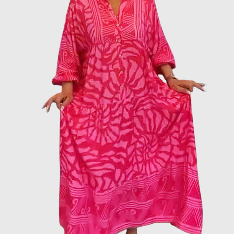 Robe maxi ample rose imprimée, encolure boutonnée, ourlet évasé, manches longues