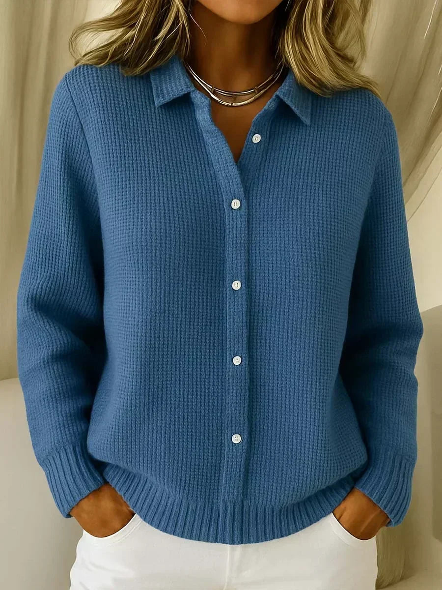 Cardigan texturé à boutons bleu, col chemise, boutons sur l’avant