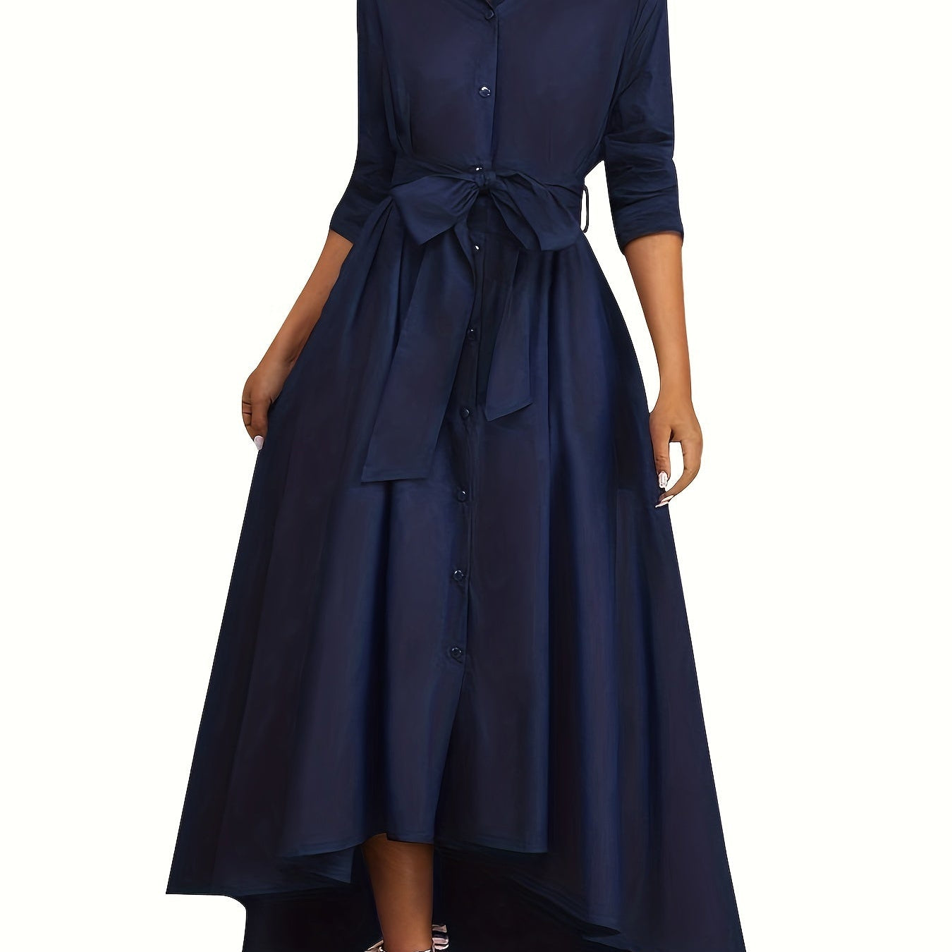 Robe maxi boutonnée bleu marine, manches 3/4, nœud ceinture à la taille