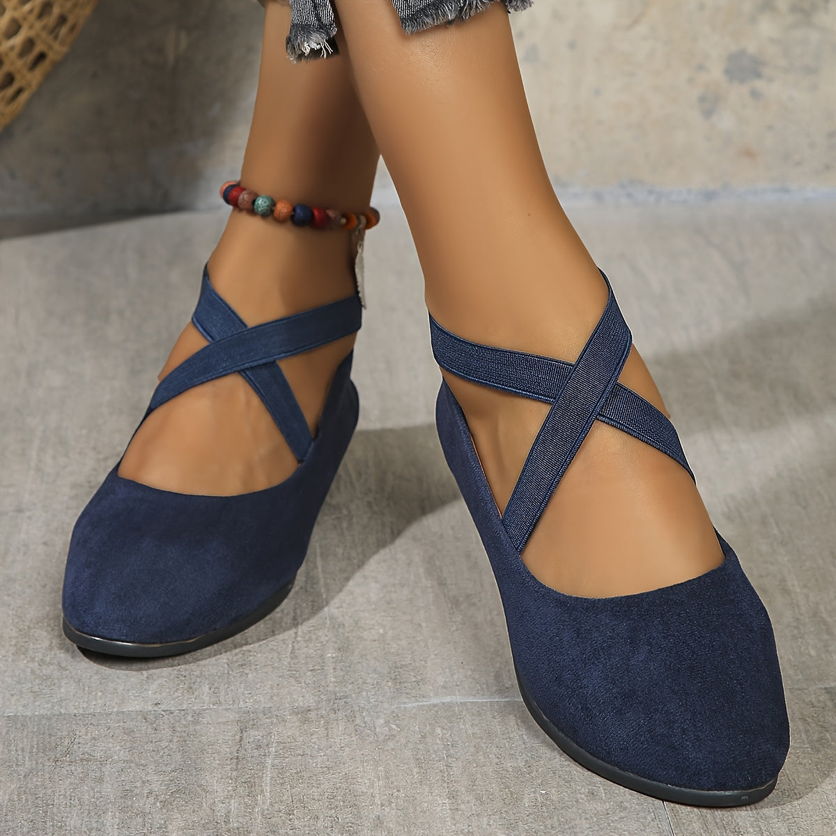 Ballerines bleues à brides croisées, bout rond, semelle compensée noire