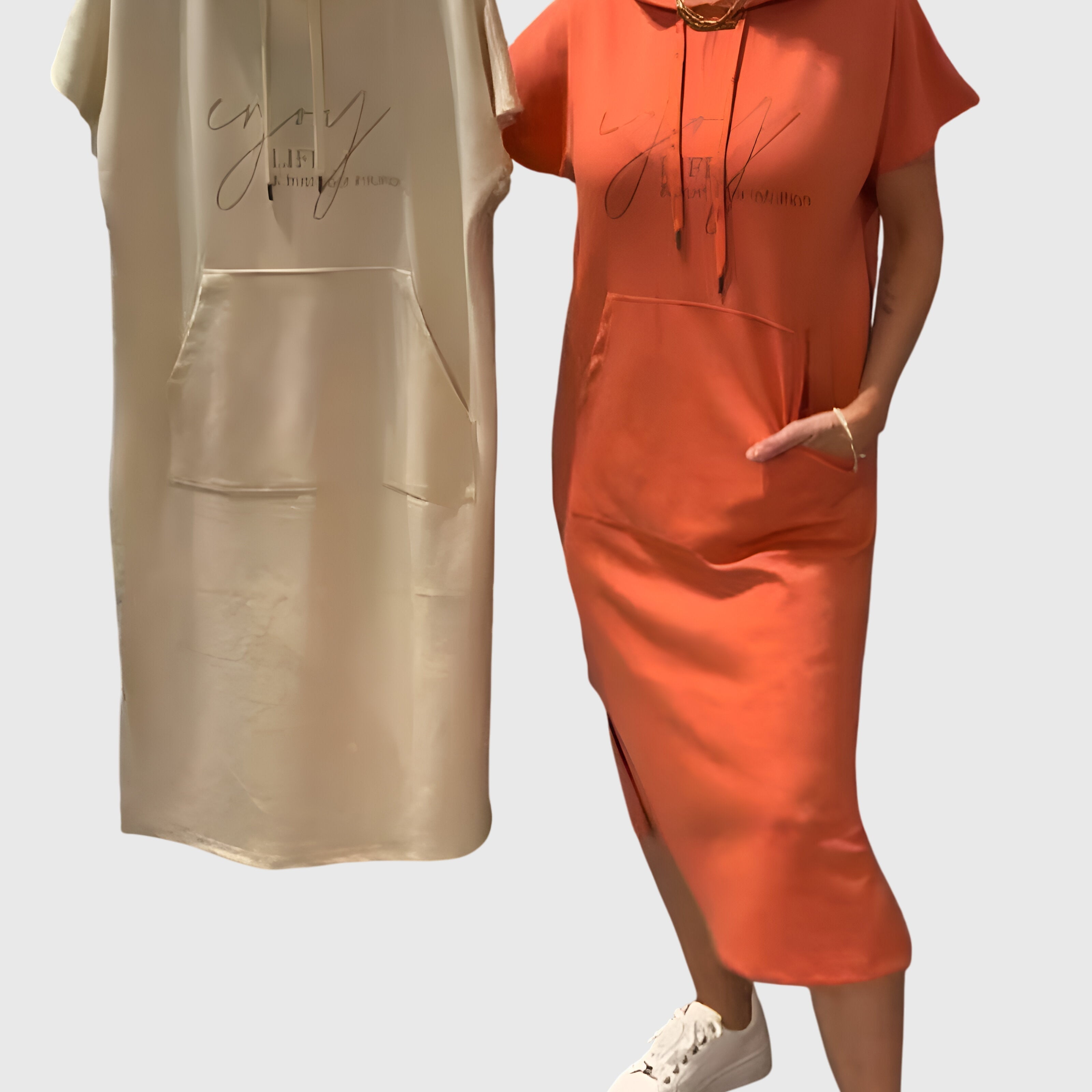 Robe sweat Marlowe beige et robe orange, capuche, manches courtes, poche kangourou
