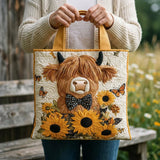 Sac matelassé crème à anses, vache rousse en appliqué, tournesols et papillons