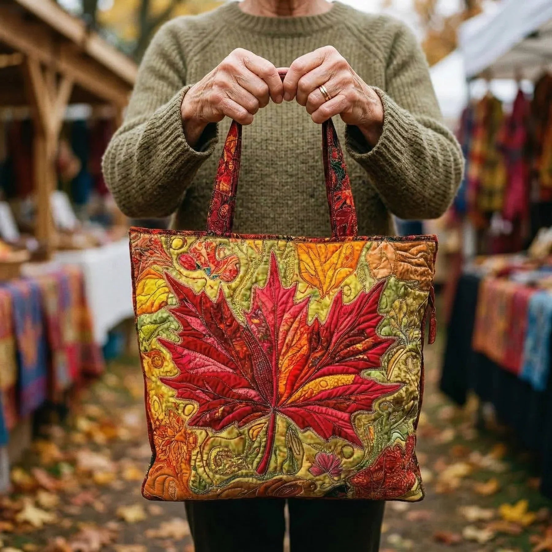 Sac artisanal motif feuille multicolore porté, vue de face avec anses courtes