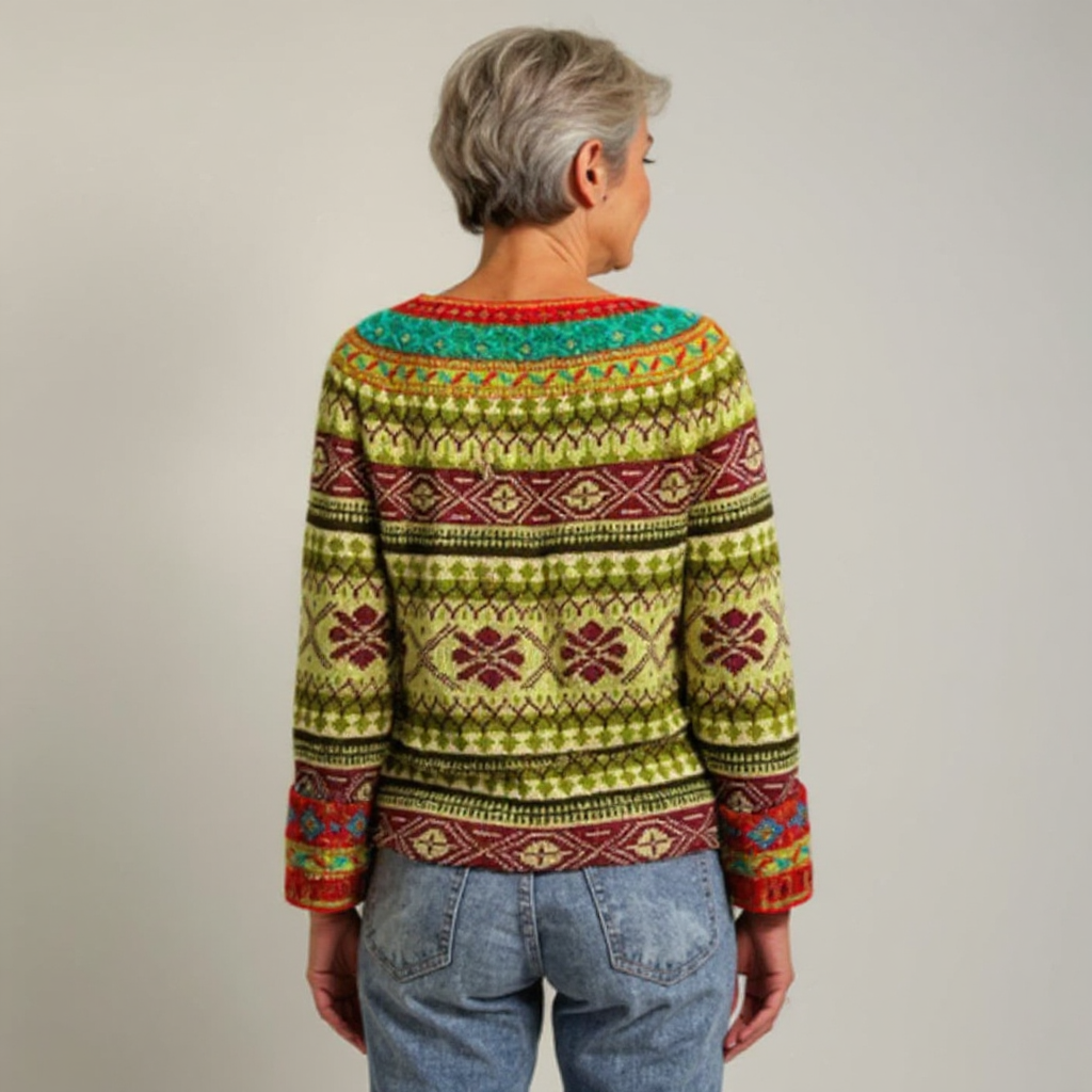 Pull laine à motifs géométriques, col rond côtelé, vue dos.