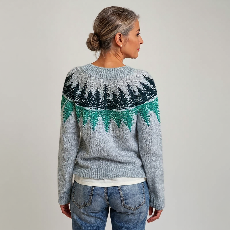 Pull en laine gris clair, motif paysages enneigés vert, col rond, manches longues