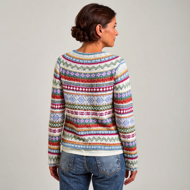 Pull en laine à motif jacquard multicolore, dos avec encolure ronde, manches longues