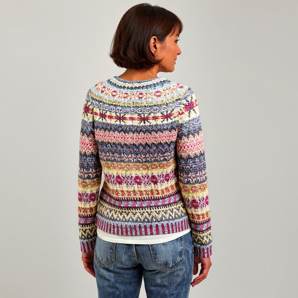 Pull en laine à col rond, motif jacquard multicolore, vue de dos.