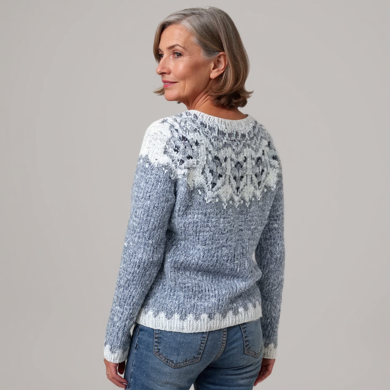 Pull en laine bleu clair, dos avec motif jacquard et ourlet côtelé, col rond