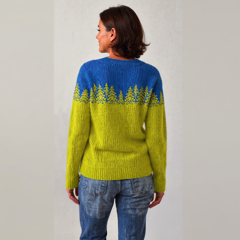 Pull en laine bleu et vert, motif sapins jacquard au dos, manches longues, encolure ronde.