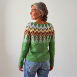 Pull en laine vert à motifs jacquard multicolores, vue de dos.