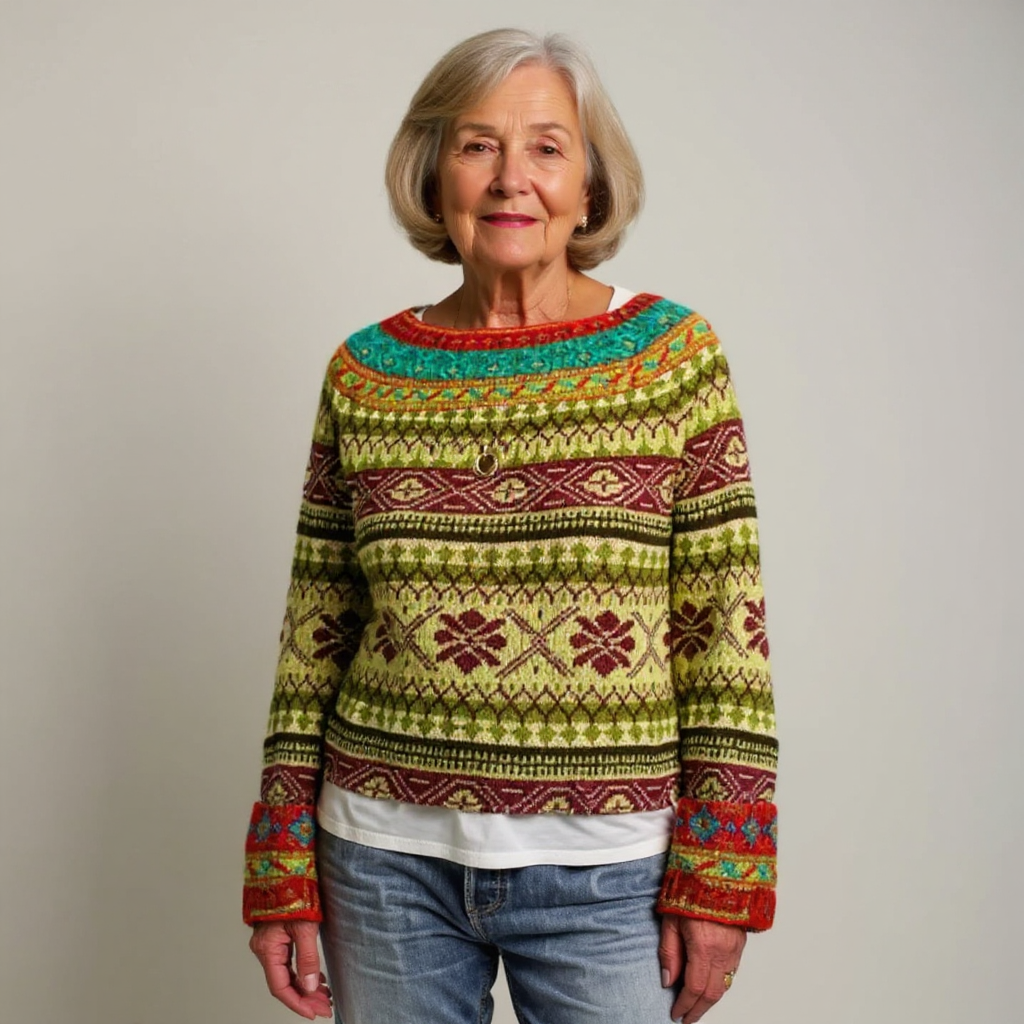 Pull en laine tricotée à motifs géométriques, col rond côtelé et manches longues.