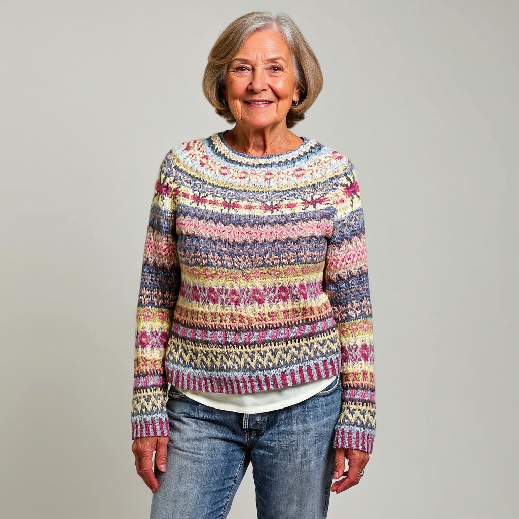 Pull en laine à col rond, motif jacquard multicolore sur fond bleu foncé.