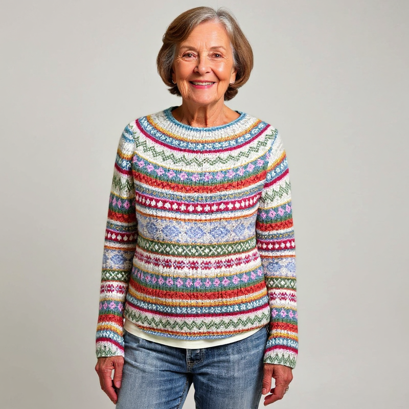 Pull en laine à motif jacquard multicolore, encolure ronde, manches longues