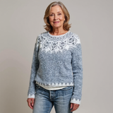 Pull en laine bleu clair à motif jacquard devant, col rond et manches longues
