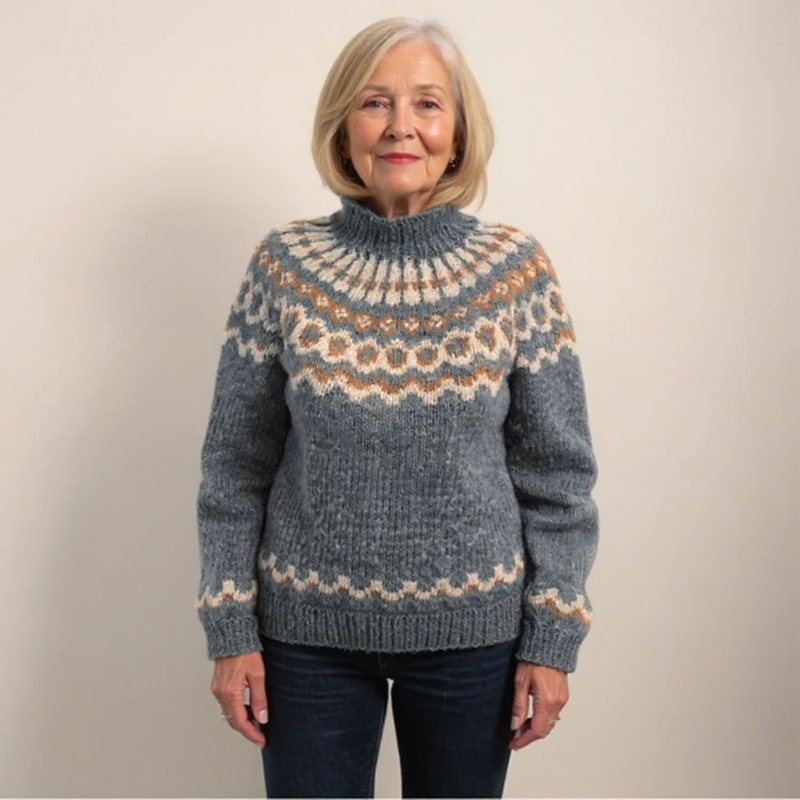 Pull en laine islandaise classique bleu-gris à col roulé, motifs jacquard crème et brun