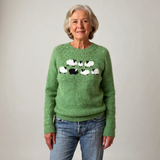 Pull en laine vert à col rond, manches longues, motif jacquard noir et blanc