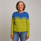 Pull en laine bleu/vert avec motif sapins jacquard, encolure ronde, manches longues.