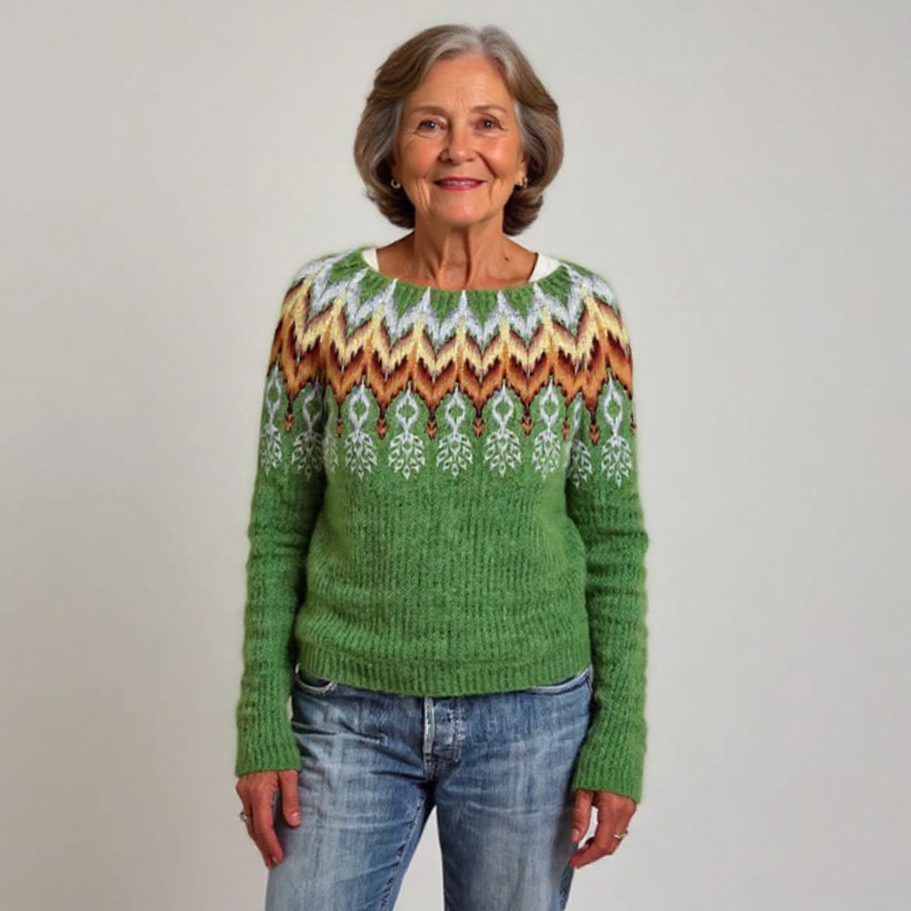 Pull en laine vert à motifs géométriques multicolores, col rond côtelé.