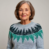 Pull en laine gris clair, motif forêt enneigée vert, col rond côtelé, manches longues