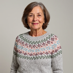 Pull en laine gris à motif jacquard fleuri rose-vert-bleu, encolure ronde
