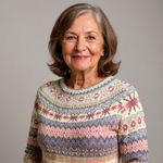 Pull en laine à motif jacquard multicolore, col rond et encolure détaillés.