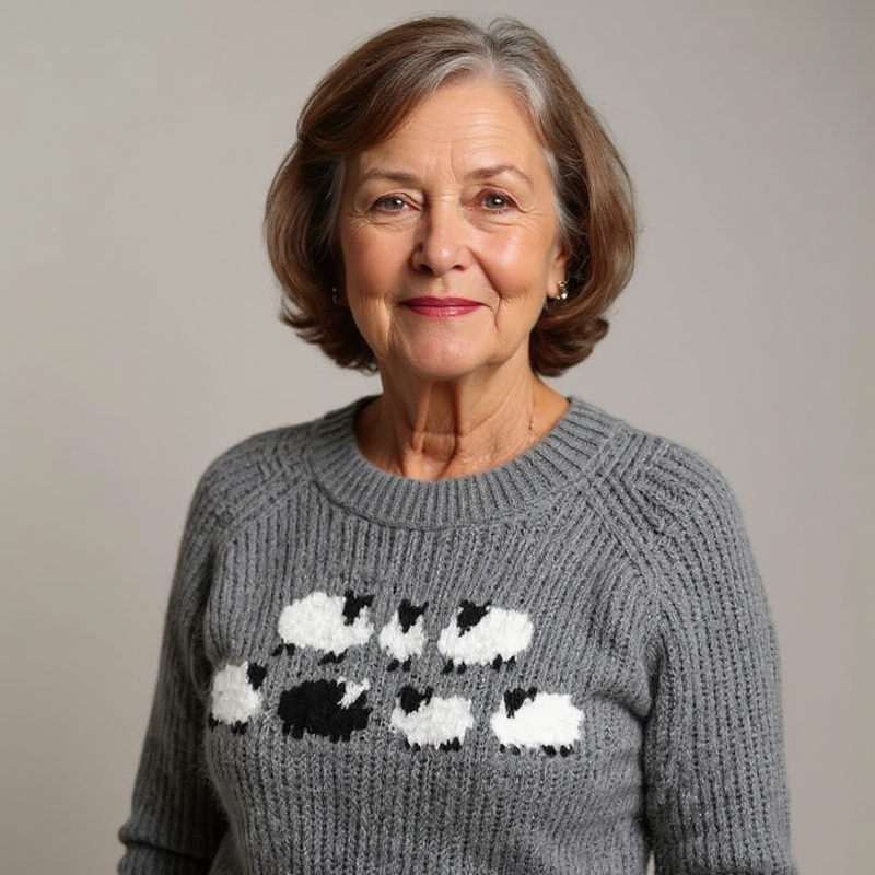 Pull en laine gris, col rond côtelé, motif blanc et noir en bande.