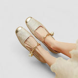Chaussures bébé dorées à deux brides, talons bijou et petit bouton perlé