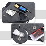 Sac à bandoulière anti-vol gris : compartiment zippé et poches pour carte et téléphone.