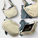 Sac à épaule en Cordura beige, ouverture sur le dessus, détails de coutures et intérieur