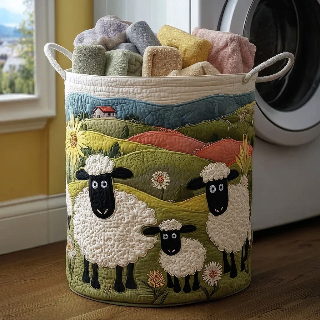 Panier à linge en tissu patchwork avec moutons, anses et fermeture à bord